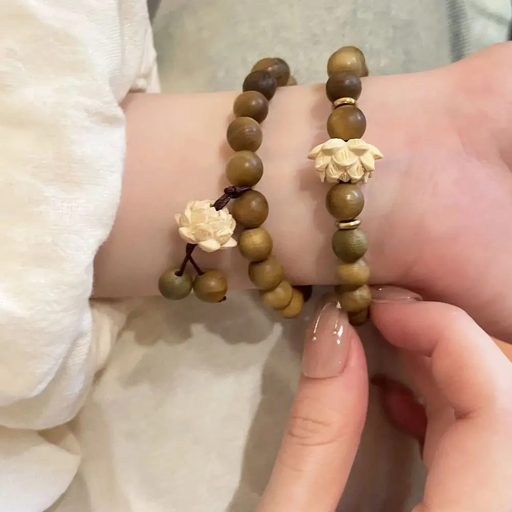 Lotus Sandalwood Bangle Wood Beaded Strand Bracelets Green Natural Sandalwood Bracelet Elastic Handwoven Rosary Jewelry