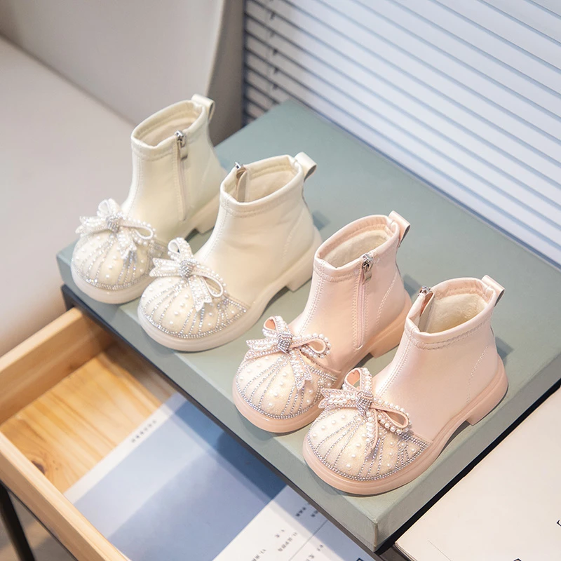 

Girls Ankle Boots Children Crystal Princess Shoes Anti-slippery Fashion Kids PU Leather Boots with Butterfly-knot Size 23-34