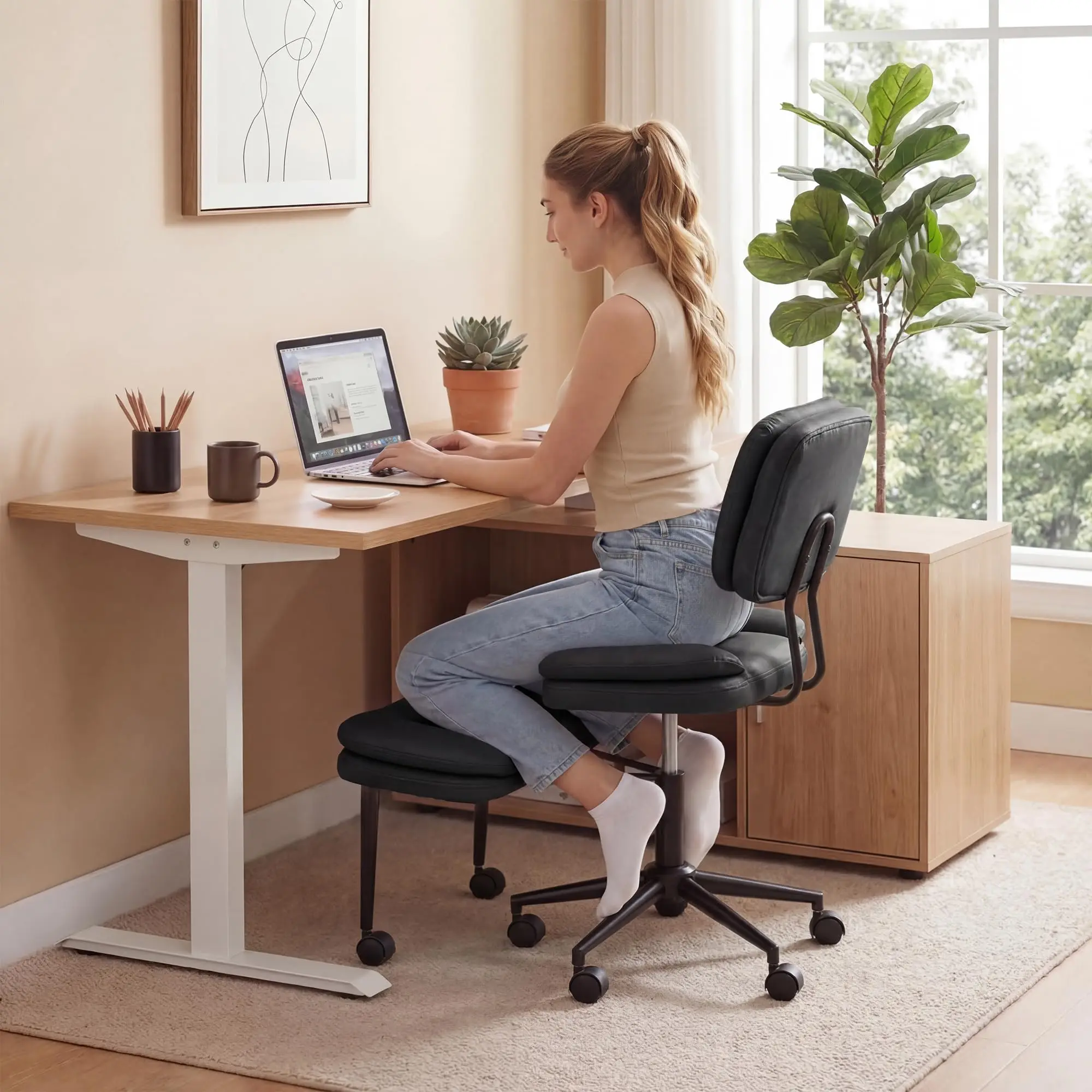 Criss Cross Legged Chair with Wheels, Kneeling Office Chair, Black