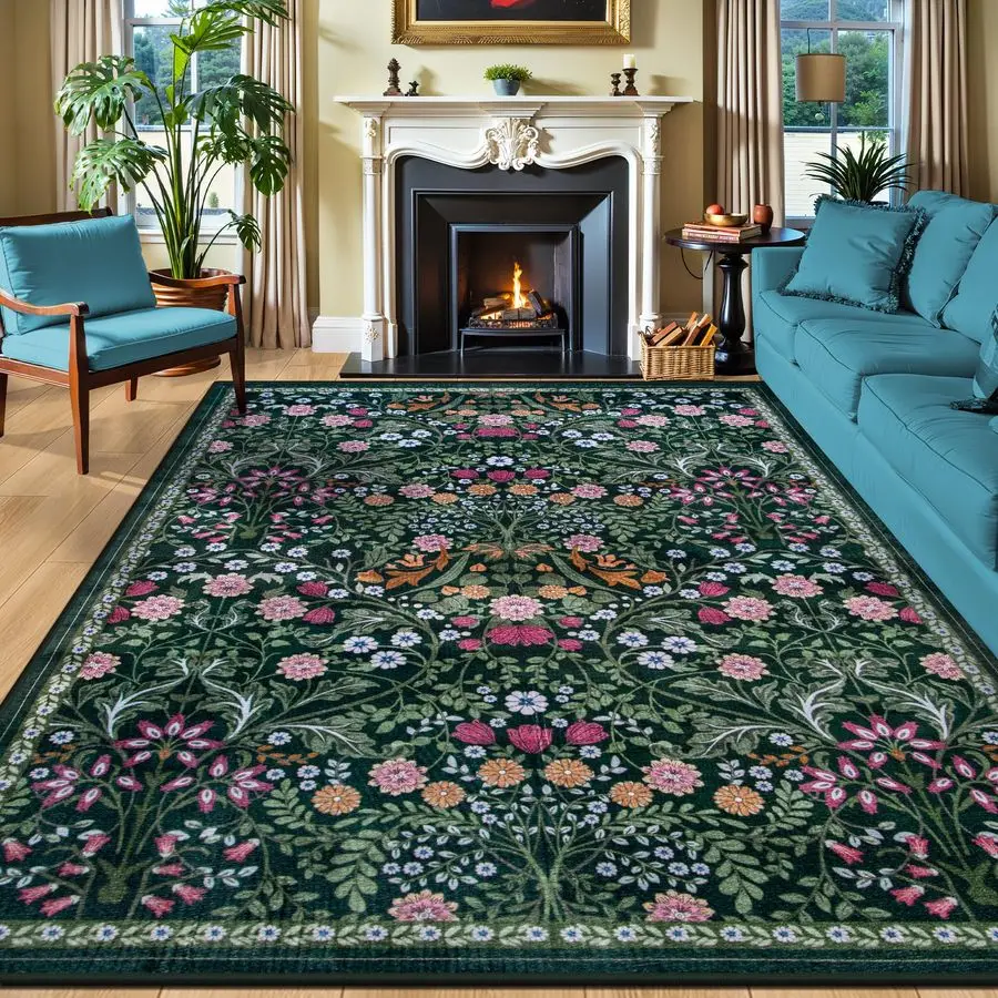 

8x10 Area Rugs for Living Room Floral Washable Rug Vintage Large Soft Boho NonSlip Carpet Indoor Floor Stain Resistant Carpets