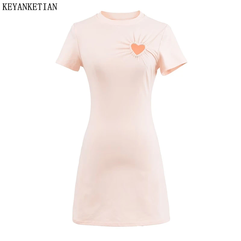 

KEYANKETIAN Summer New Women's Hollowed-out Heart Decoration T-shirt Dress Sweet Y2K O-Neck Short Sleeve Slim Mini Dress Cotton