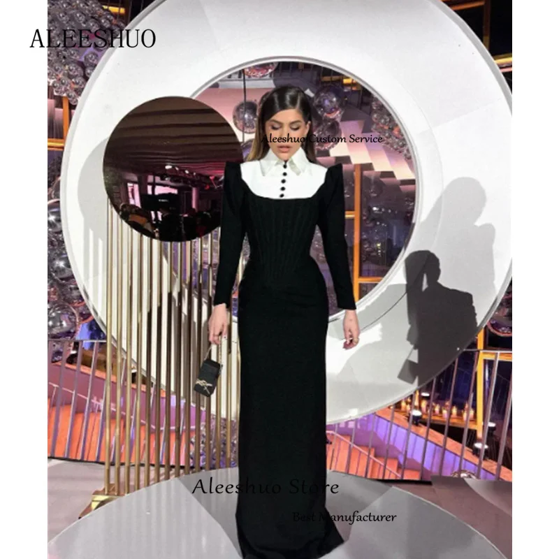 Aleeshuo Modern Black Mermaid Prom Dresse High Long Sleeves Button Evening Dresses Elegant Dubai Floor-Length Vestido Customized