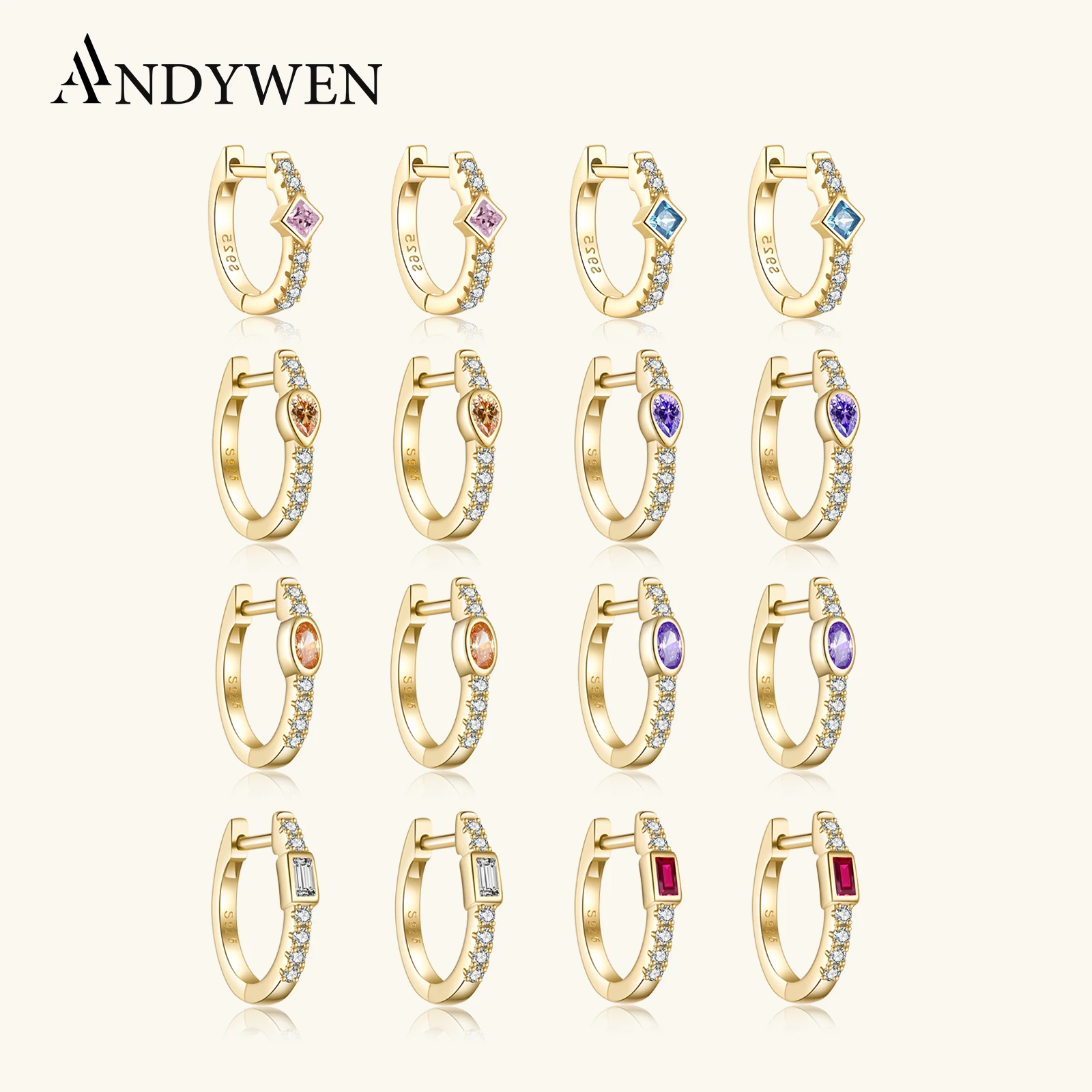 

ANDYWEN New 925 Sterling Silver Gold 9.5mm Oval Square Colorful Huggies Piercing Hoops Earring Clips Rock Punk Jewelry Pendiente