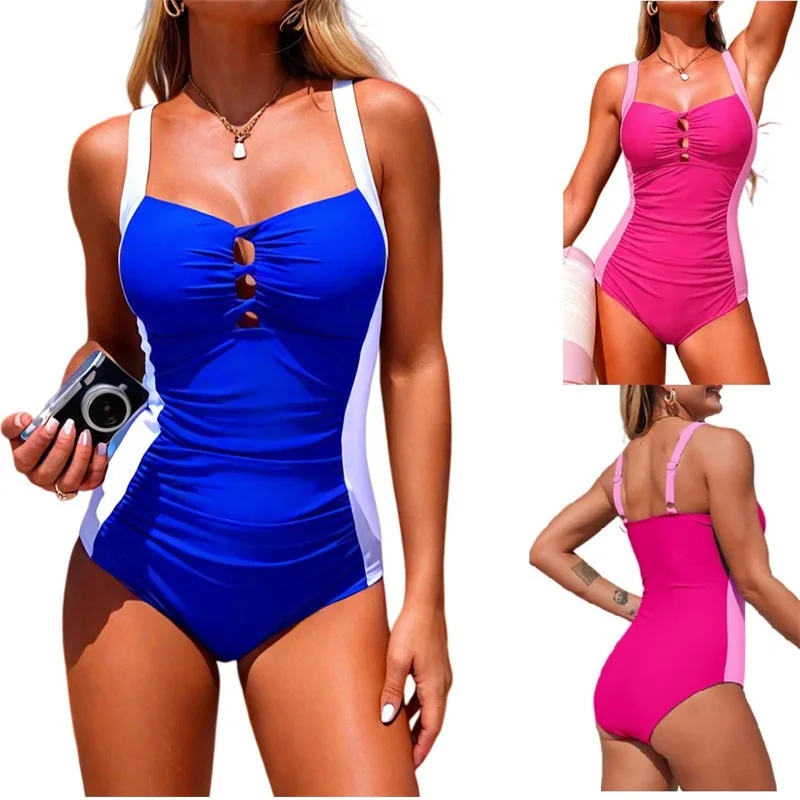 

2026 One-Piece Women's Swimsuit Ruched Patchwork Tummy Control Swimwear Push Up Full Coverage Slimming Bathing Suit
