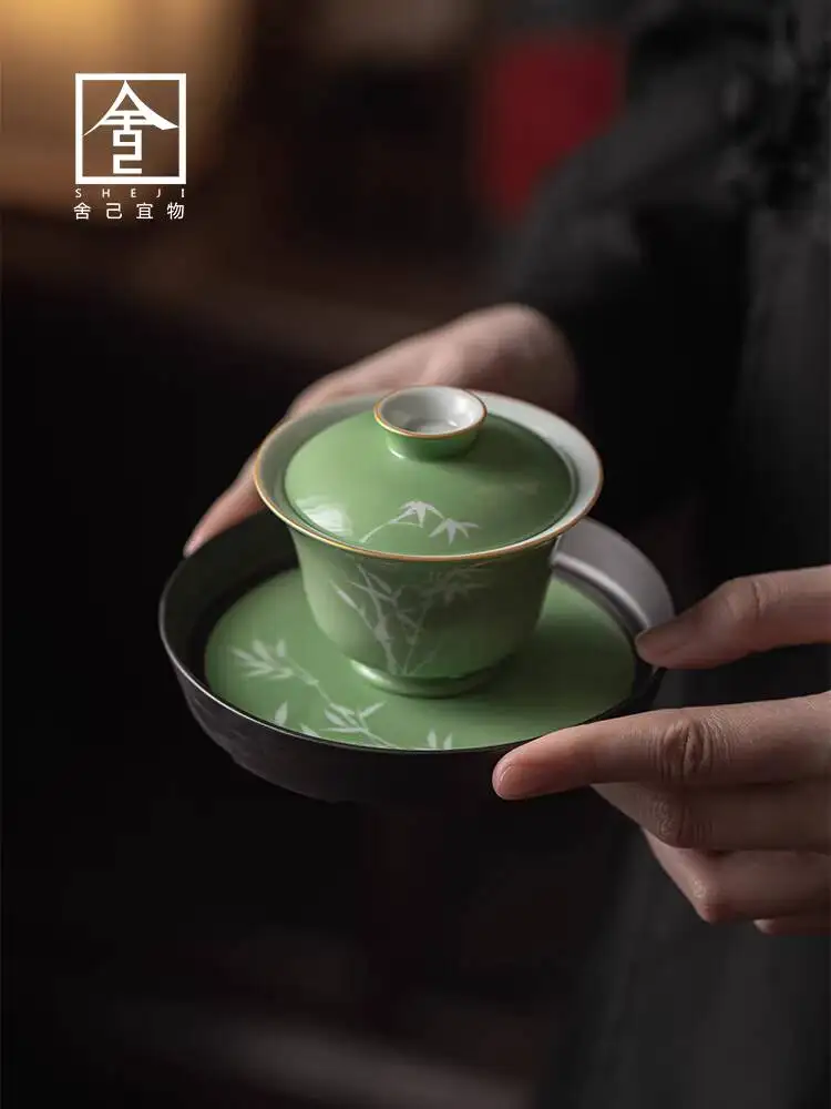 Hand-Painted Bamboo Shadow Cover Handmade Ceramic Bowl, Pot Holder, Non-Hot To The Touch, Kung Fu Tea Set
