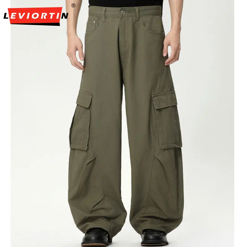 

Men's American high street fashion versatile casual pleated multi pocket design workwear curved knife washed loose jeans