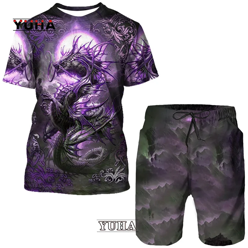 YUHA Flying Dragon Totem Art 3D Print Men's T-Shirt/Suit Summer Cool Short Sleeved Tops+Shorts Set Gothic Hip Hop Sportwear Trac