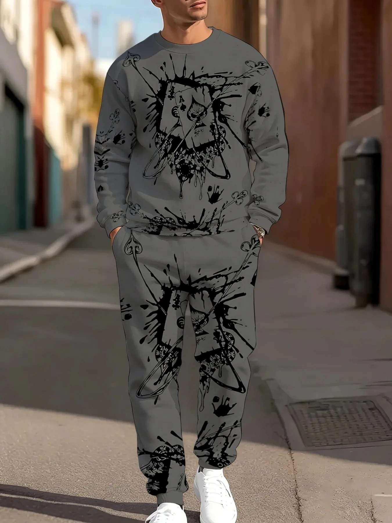 2026 autumn and winter new style street sports fashion casual 3D poker pattern printed men's round neck sweater set