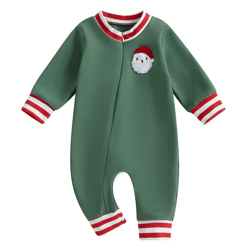 

Baby Zip Up Christmas Jumpsuit Santa Embroidered Striped Round Neck Long Sleeve Romper