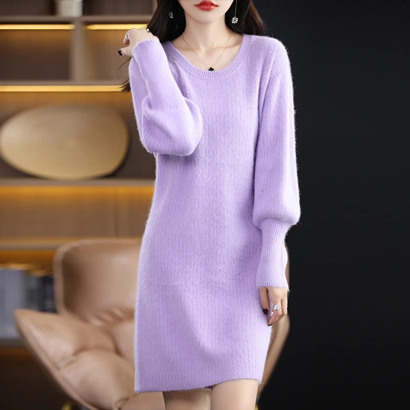 100% Mink Cashmere Long Sweater Women\'s Clothing O-Neck Jumper Casual Loose Knitted Top Autumn Winter Warm Dress Fashion Korean