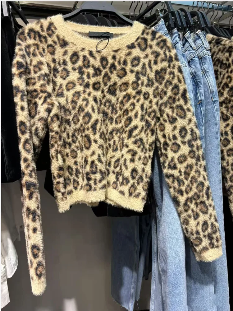 

Lazin Sle Вязаный свитер с леопардовым принтом и эффектом искусственного меха, женский свободный крой, длинный круглый пуловер из полиэстера