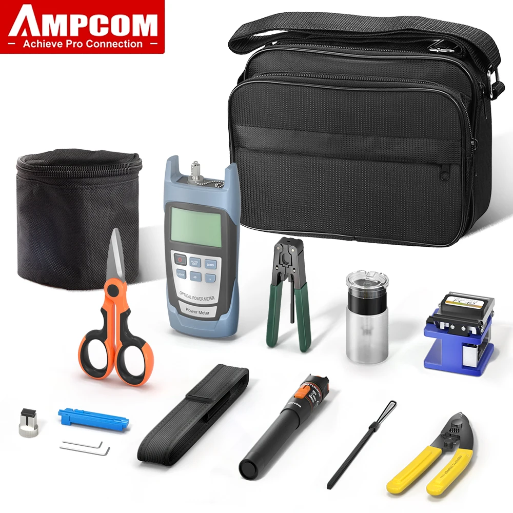 AMPCOM FTTH Fiber Optic Tool Kit with Fiber Cleaver FC-6S Visual Fault Locator Optical Power Meter Fiber Stripping Tool 14 in 1