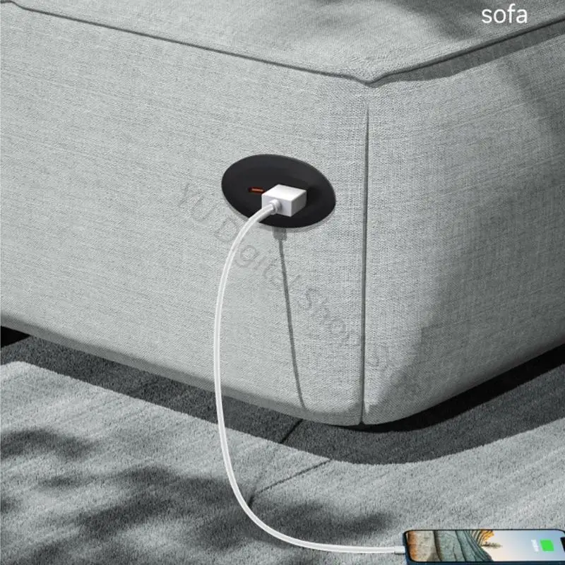 96BA Household USB Power Outlet with DC5521 Cable, USB A and USB C Furniture Mount for Desk Bedside Table Cabinet Use