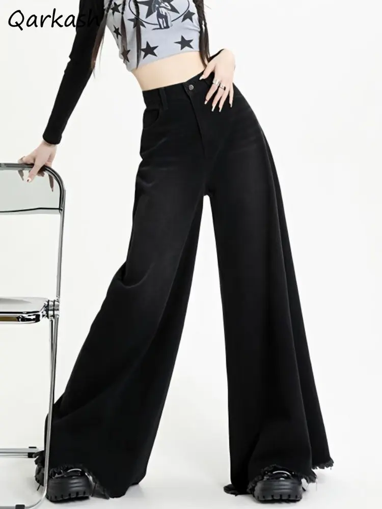 Mop Jeans Women Baggy Black Streetwear Tassel Wide Leg Denim Trousers College High Waist Y2k Clothes Retro Spring All-match Chic