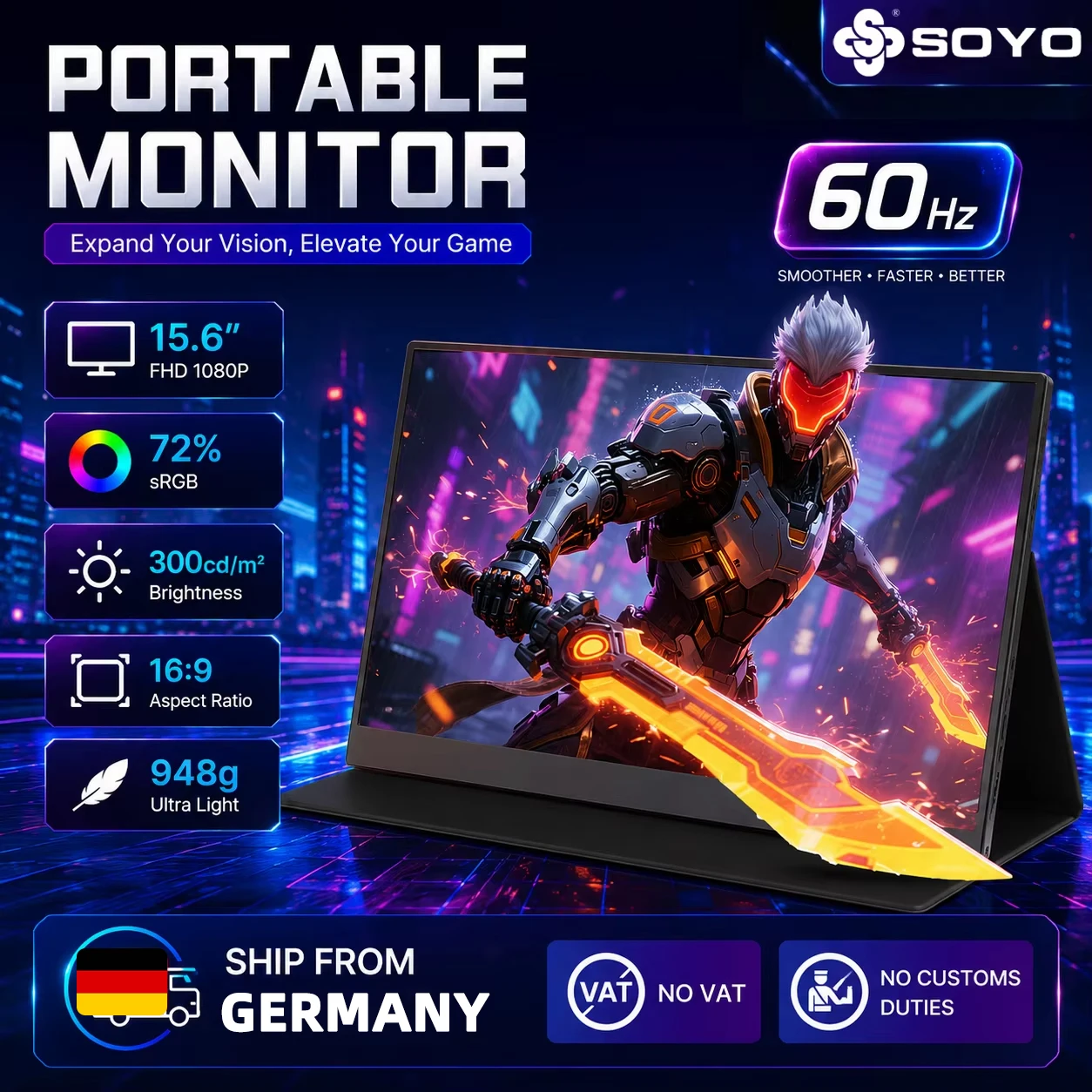 Monitor portátil SOYO SY15FN60 de 15,6 pulgadas FHD 1080P, monitor portátil ultradelgado con estuche, pantalla IPS para teléfono, Xbox, PS5-USB C y HDMI