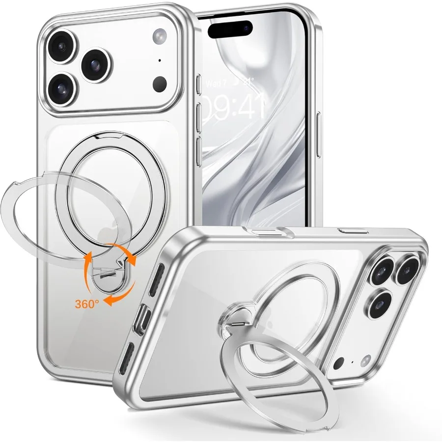 

For iPhone 17 Pro Case with Stand 360 Magnetic Rotatable Ring Clear Back Plating Edge Invisible Ring Holder Slim Shockproof