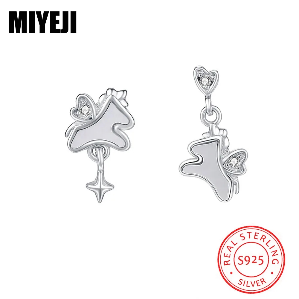 MIYEJI 100% Real 925 Sterling Silver Zircon Heart Asymmetric Horse Mini Stud Earrings For Women Party Cute Animal Fine Jewelry