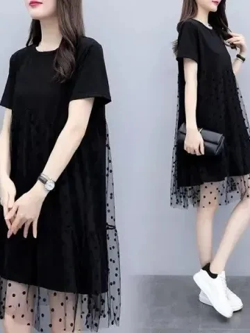 

Summer New plus Size Women's Dress Polka Dot Mesh Short Sleeve Belly Cover Slimming A-Line Midi Dress Commute Style Korean Lo...