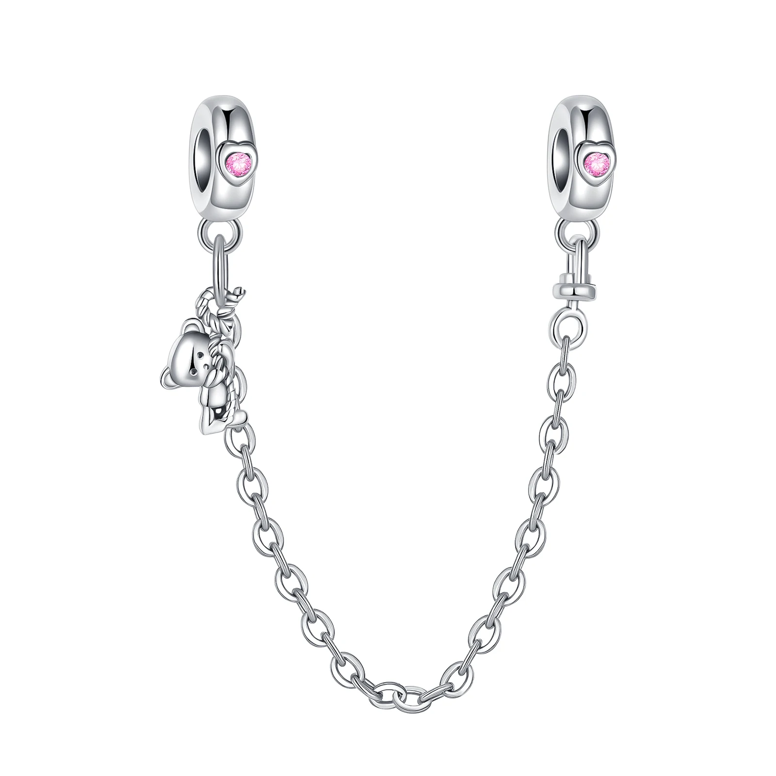 

925 Sterling Silver Bear Love Diamond Pink Safety Chain Charm Fit Original Pandora Charms Bracelets Women DIY Jewelry Gift