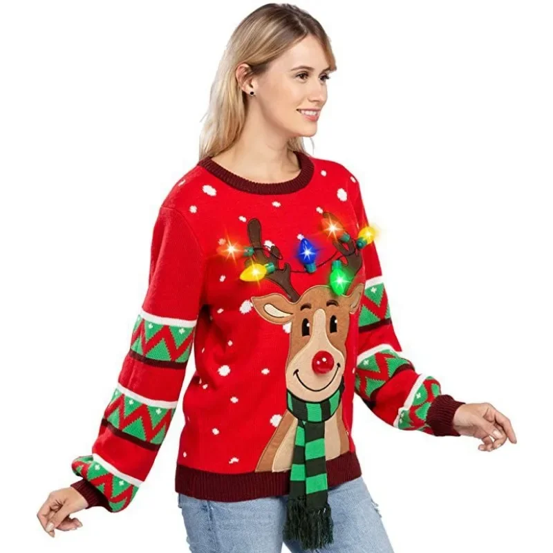 Popular Christmas Elk Knitted Sweater, Novel Christmas Atmosphere Sweater, with LED Lights