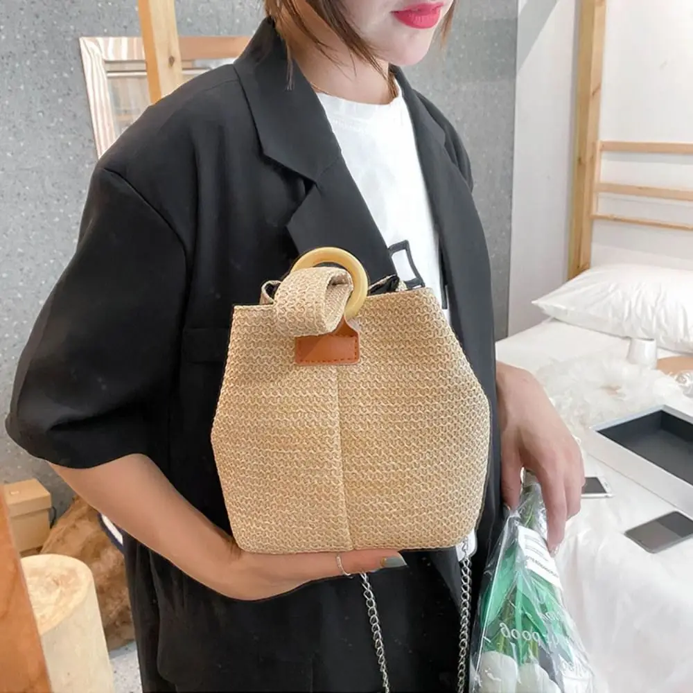 

Cute Korean Style Straw Bucket Bag Handbag Solid Color Woven Handbag Tote Bag Crossbody Bag Small Phone Bag Outdoor