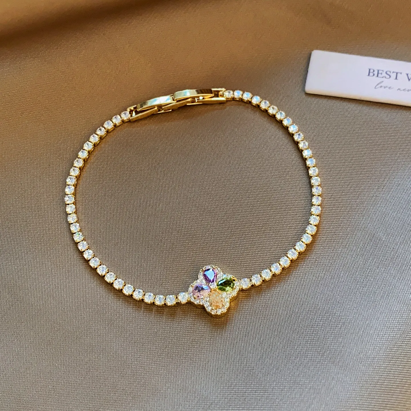 Sparkling Colorful Four Leaf Clover Bracelet Thin Chain Splendid Wrist Jewelry Party Adjutable Fine Ornaments Gift Girls