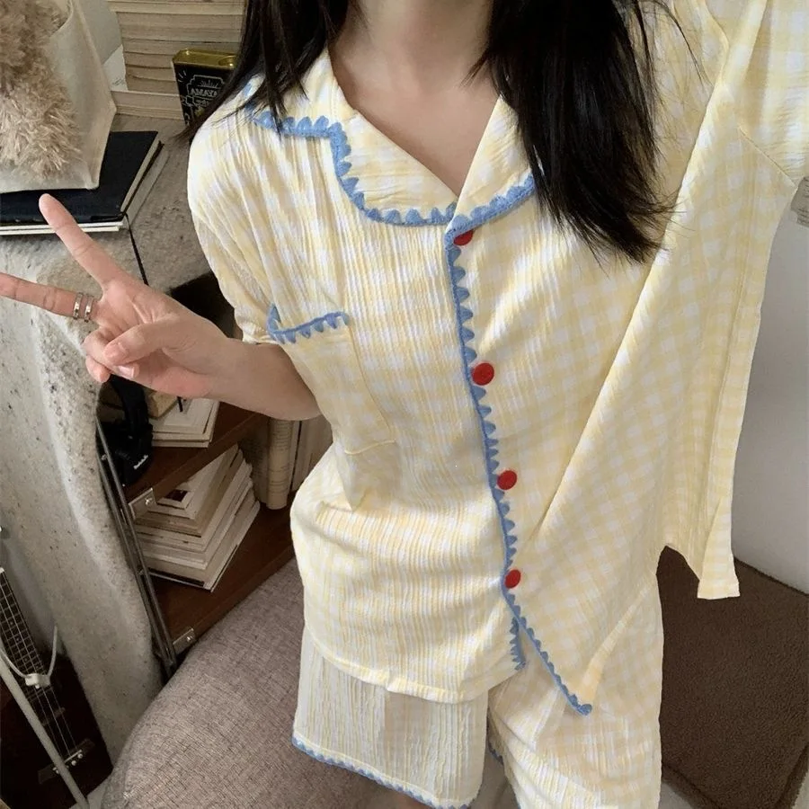 

Summer New Cloud Cotton Sleepwear Women's Yellow Grid Embroidery Short Sleeve Shorts Sweet Loose Can Be Worn Outdoors H...