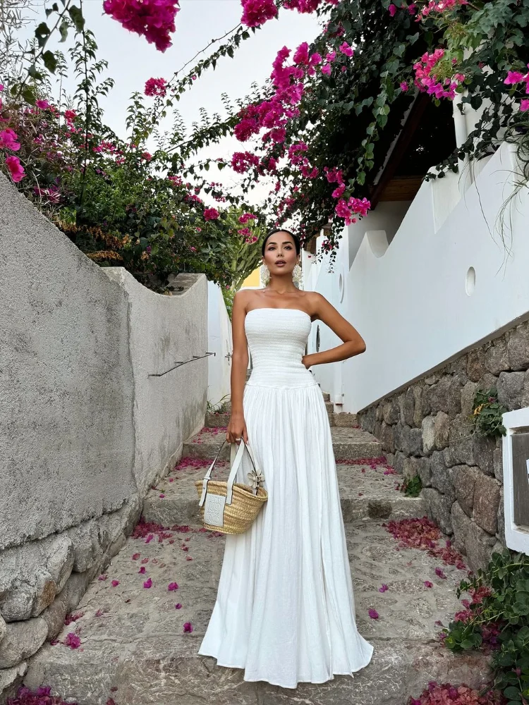 

High Waisted Elastic Strapless Pleated Women Dress Sleeveless Backless Slit Elegant Vestidos Fashion Female Wedding Party Robes