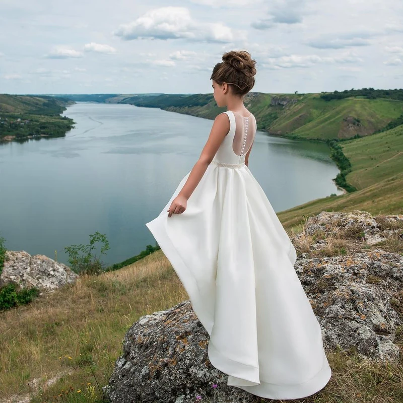 Ivory satynowa sukienka dla dziewczynki w kwiaty na ślub bez rękawów elegancka księżniczka dziecięca sukienka na przyjęcie urodzinowe pierwsza komunia suknie balowe