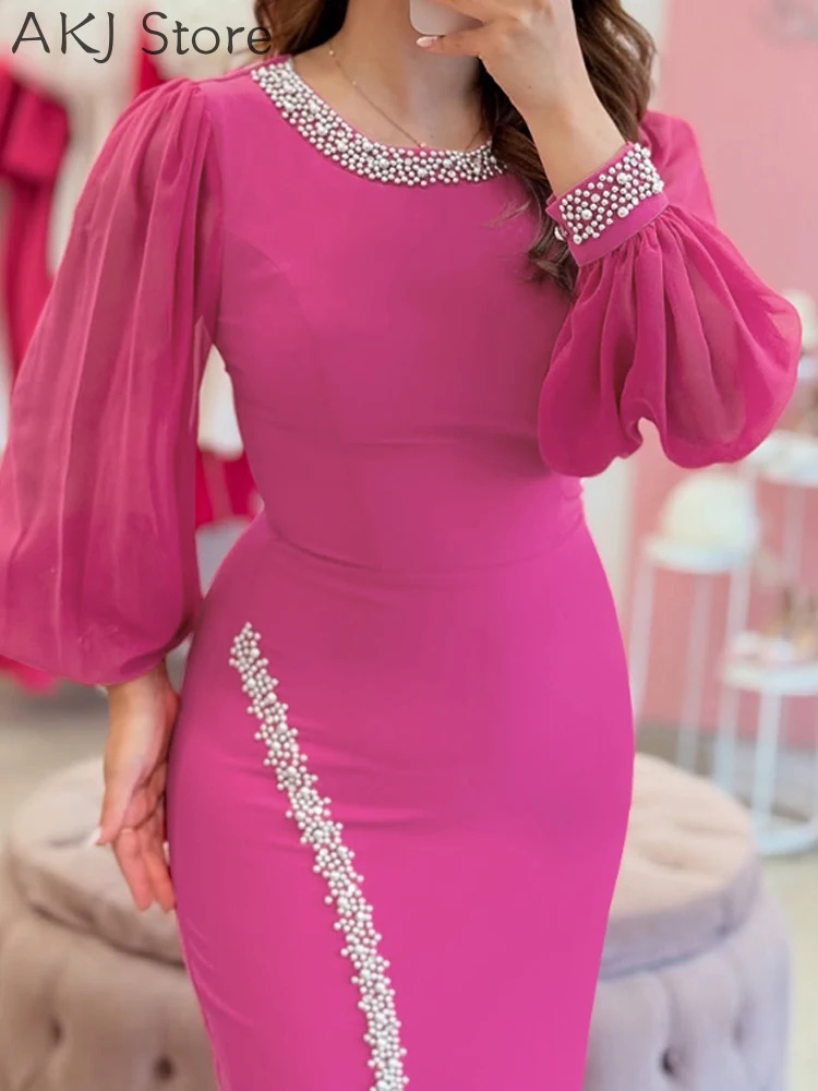 Parels mesh pure lantaarn mouw split slim fit feestjurk