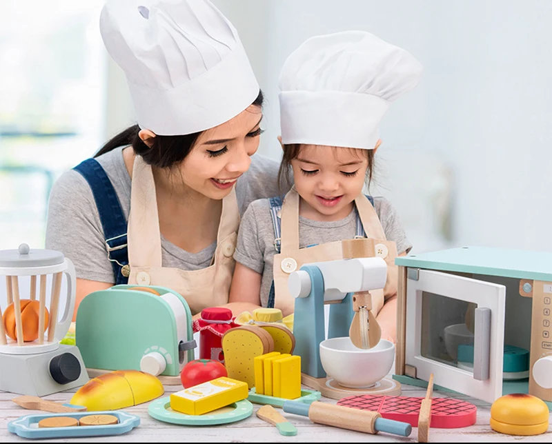 Conjunto de brinquedos de cozinha de madeira para crianças, mini kit de brinquedos para cozinhar e assar, aprendizagem precoce, acessórios educacionais