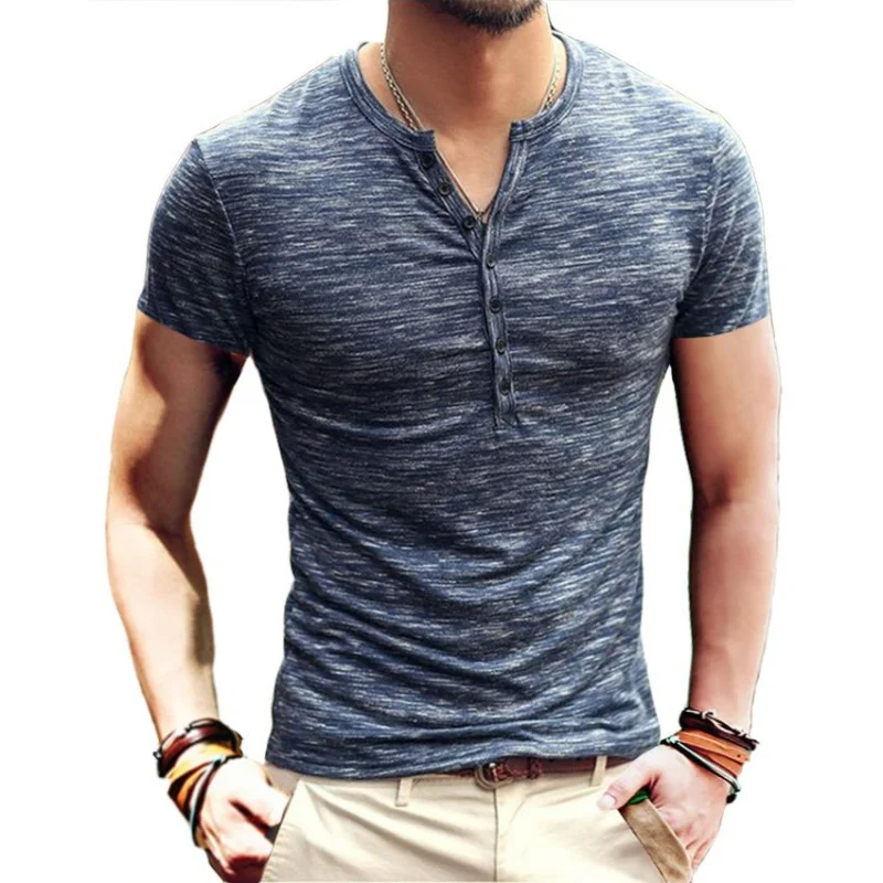 Summer New American Fashion Casual Men Short Sleeve T-shirt Simple Versatile Male Clothes Basic Bottoming Thin Slim V-neck Tops