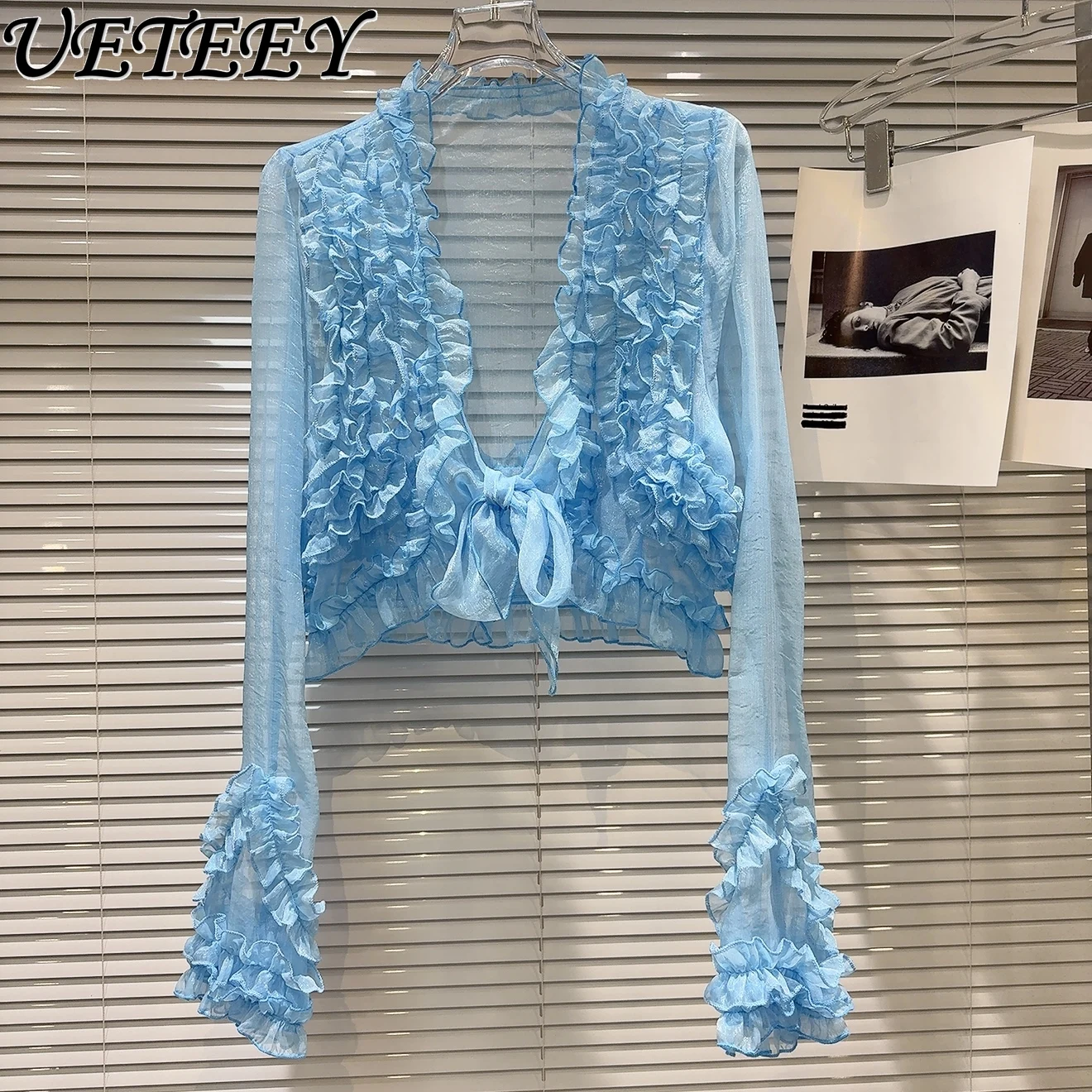 

Summer New Sweet and Cool Babes Pleated Lace Straps Top Sunscreen Mesh Short Jacket Solid Color Versatile Shirt for Women