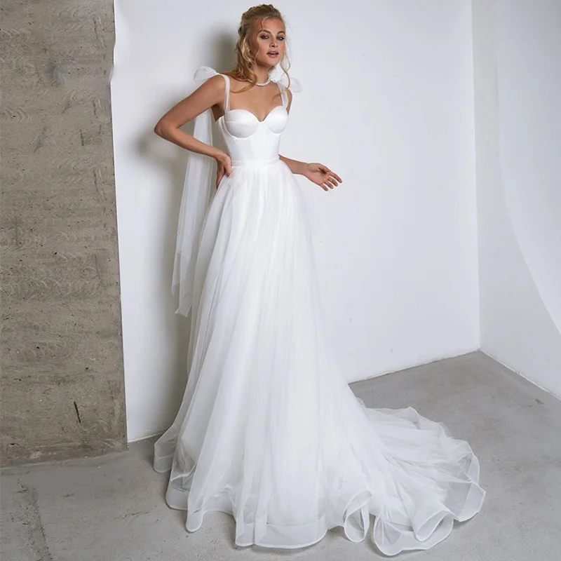 Robes de mariée en tulle blanc simple avec nœud, bretelles spaghetti chérie, ligne A, fête de mariage sur la plage, tout ce qui est éducatif, Boho, 2023