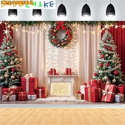 

Christmas Day New Year Party Photography Backdrops Prop Window Living Room Interior Xmas Tree Snow Theme Photo Background NJ-55
