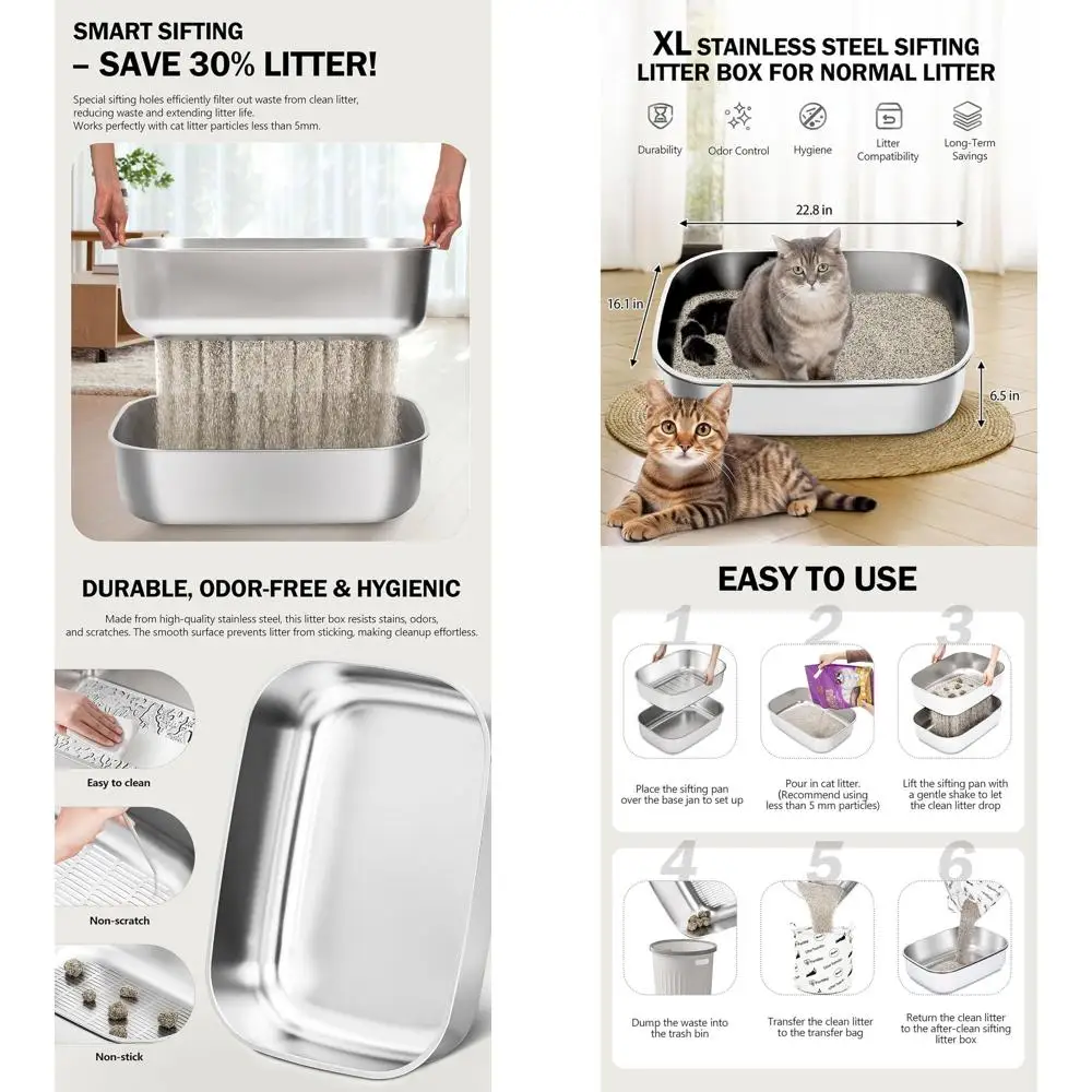 

Очень большой лоток из нержавеющей стали с крышкой и лопаткой для больших кошек, с контролем запаха, легко чистится (22,8 x 16,1 x 6,5 дюйма