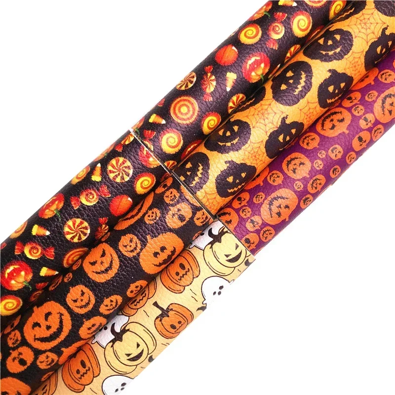 Onefly Wholesales Dropshipping Leather Supplier Halloween Pumpkins Printed Faux Leather Felt Backing for Bow DIY 21x29cm FZ267A