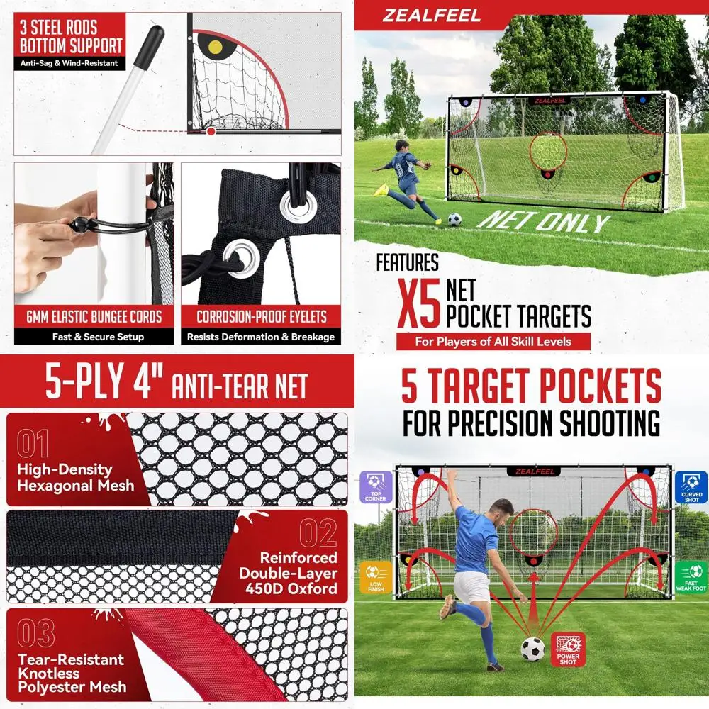 

Portable Soccer Training Net, 12x6ft Goal with 5 Scoring Areas, Durable Anti-Tear Material, 3 Steel Poles, Removable Stick-On Ta