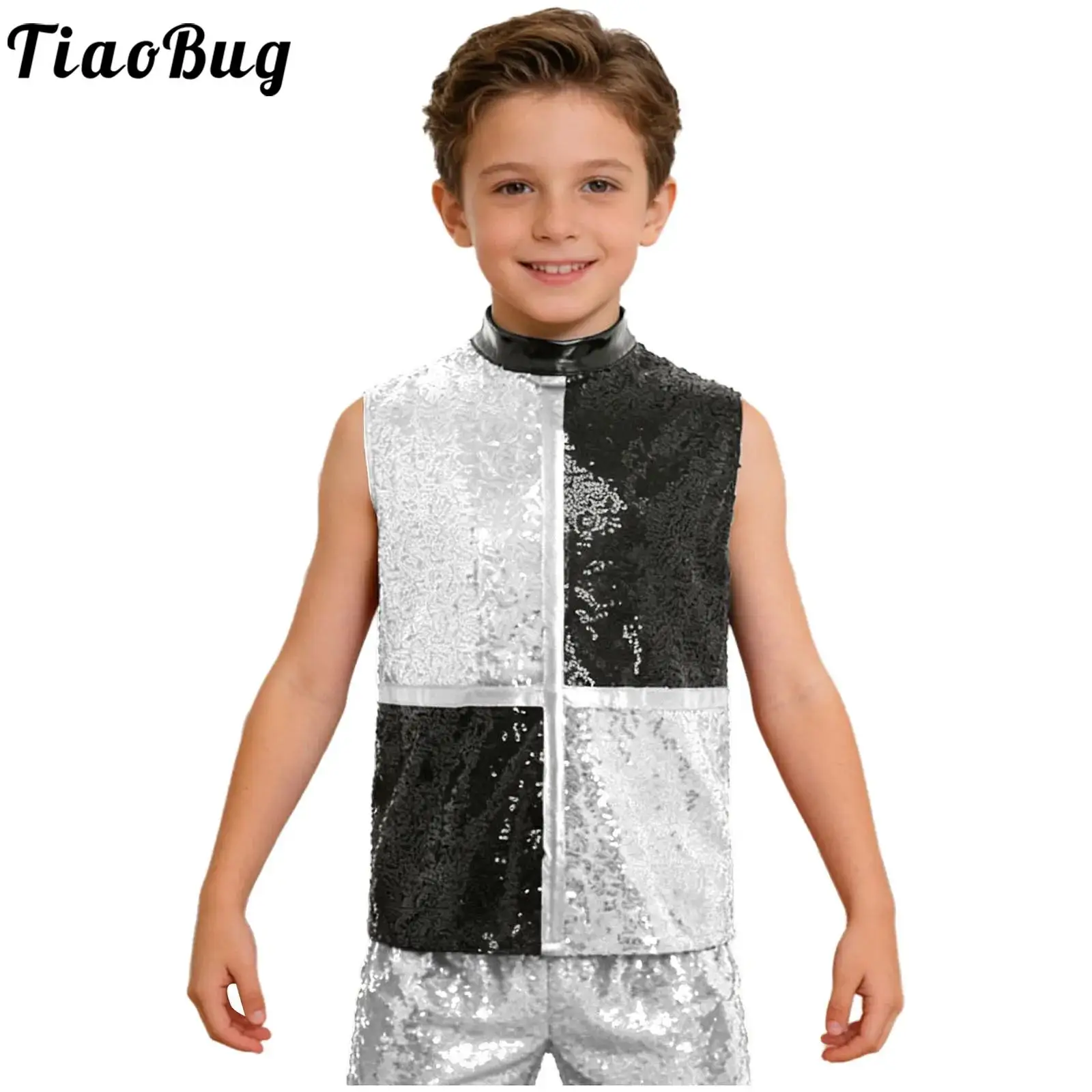 

Kids Boys Shiny Sequins Jazz Dance Stage Performance Costume Disco Tango Cha-cha Vest Sleeveless Zipper Color Block Tank Tops