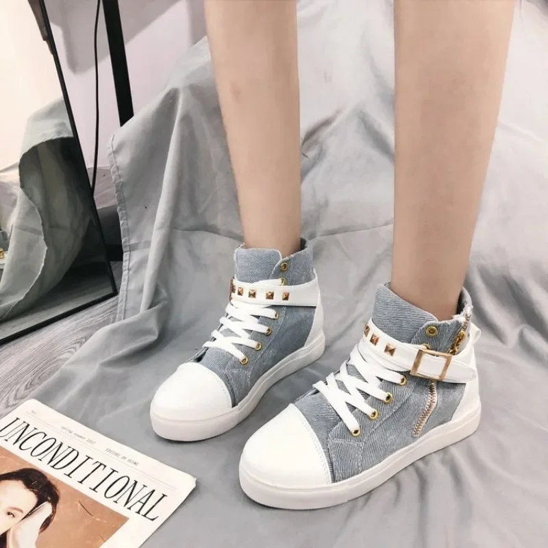 2024 Women\'s Canvas Shoes Fashion Zipper Wedge High Top White Sneakers Solid Color Tenis Feminino