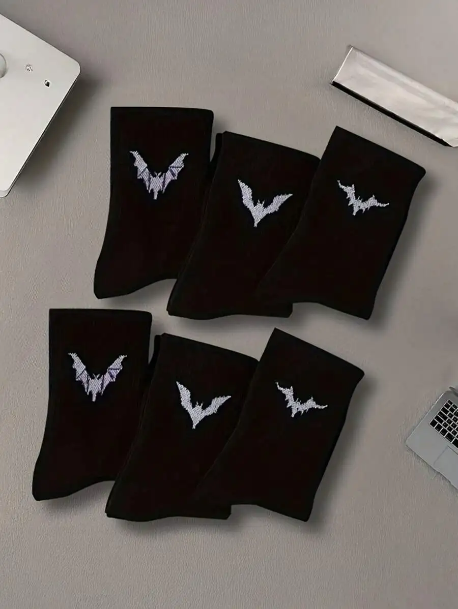 6 Pairs Bat Print Mid-Calf Socks Gothic Style Comfortable Daily Wear Black White view 4