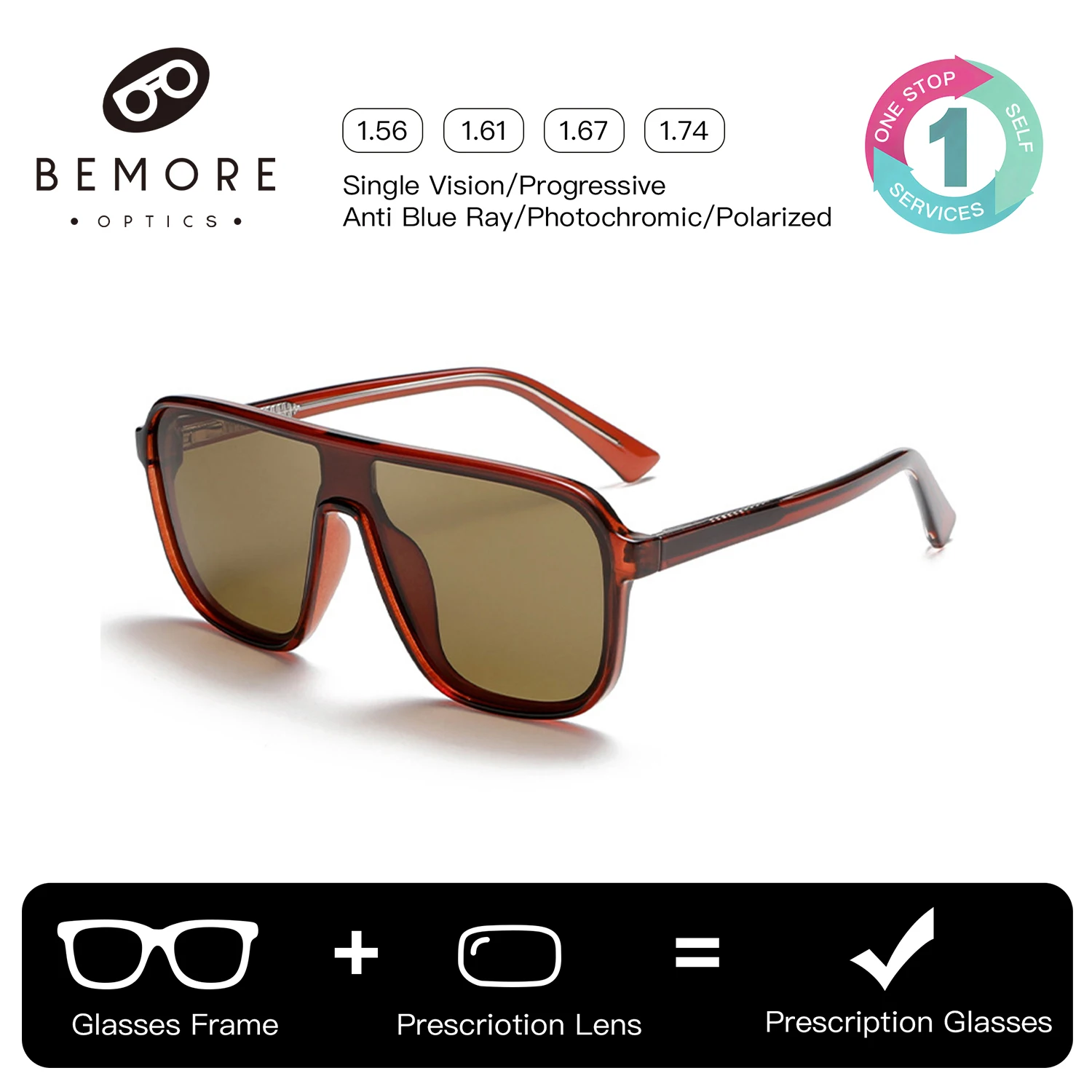 

BEMORE Square Prescription Sunglasses For Women Acetate Polarized UV400 Fishing Myopia Glasses for Woman -6.5