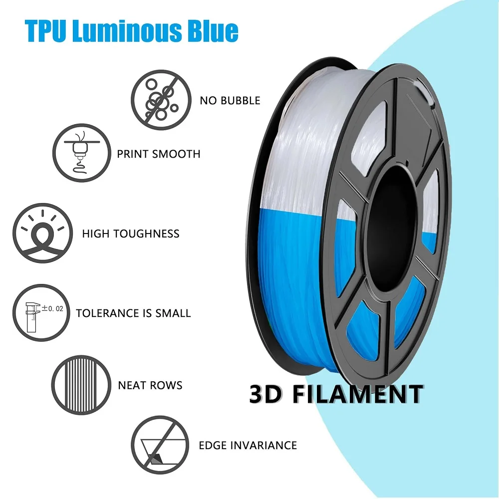 خيوط مرنة تتوهج في الظلام بولي يوريثان 1.75 مم 1 كجم 500 جرام 250 جرام FDM خيوط طابعة ثلاثية الأبعاد مضيئة من مادة البولي يوريثان الناعمة 95A أزرق شفاف أخضر