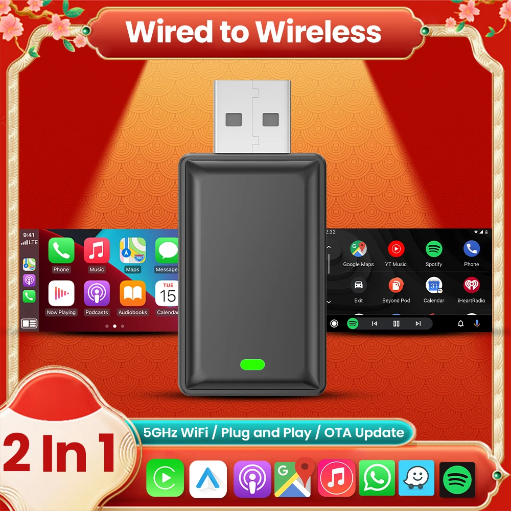 Wireless Android Auto Carplay Wired to Wireless New 2in1 Dongle Automatic Connect Adapter Bluetooth Plug and Play Mini Adapter