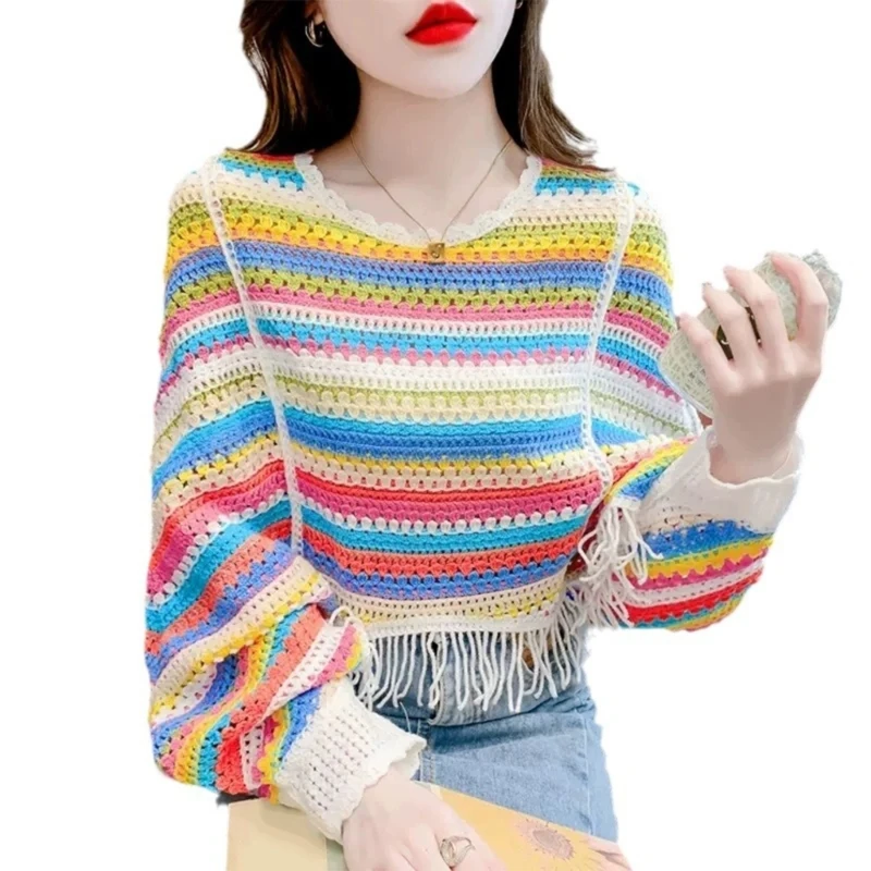 Womens Cropped Knit Top Long Sleeve Crochet Hollow Out Round Neck Sweater