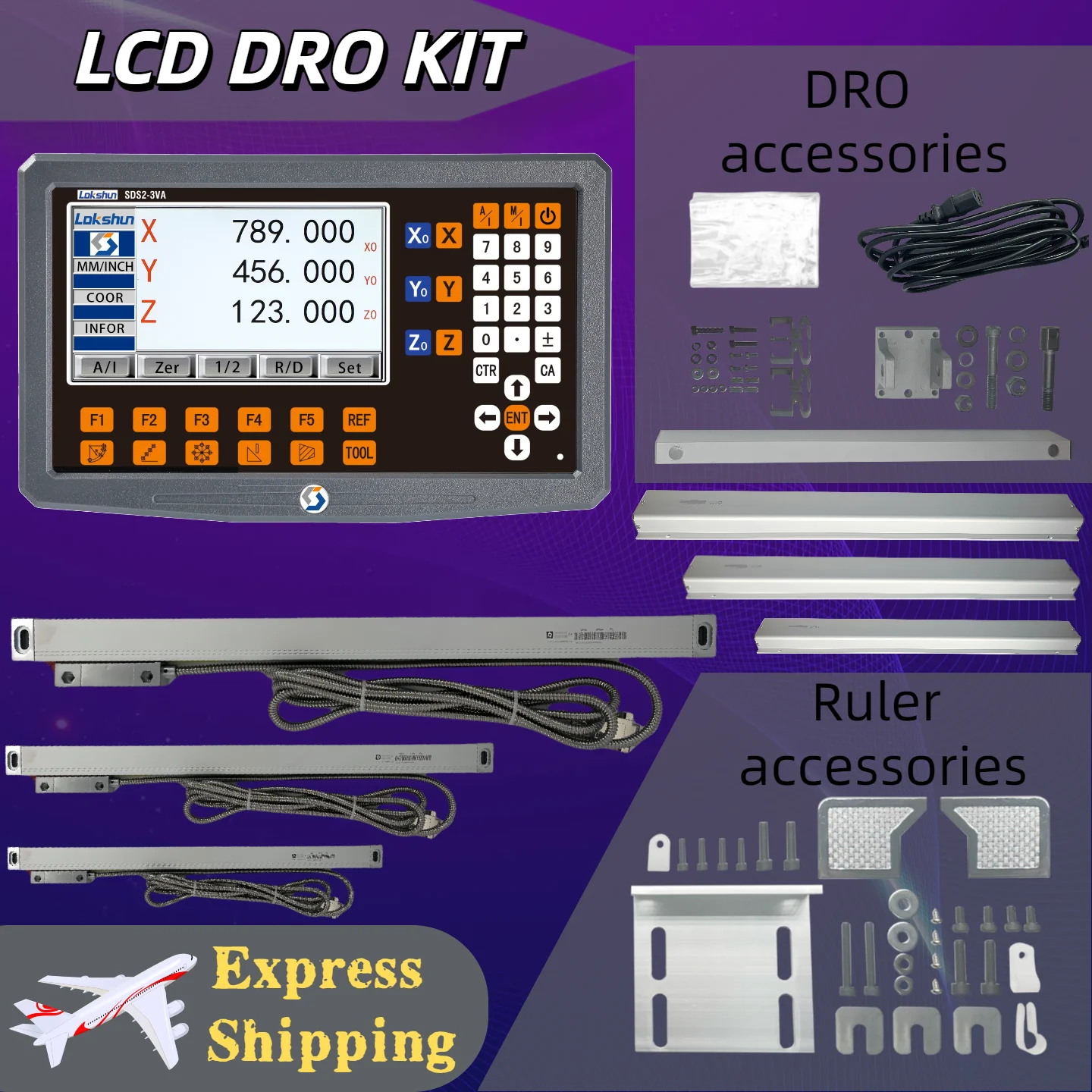 New SDS-3VA SDS200S 3 Axis LCD DRO Digital Readout Display and 3 Pieces 70-1020mm Linear Scale Encoder For Milling Lathe Machine