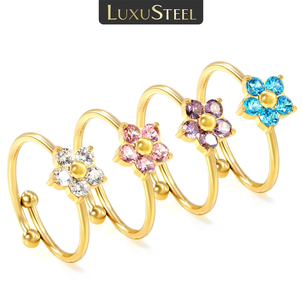 LUXUSTEEL Colorful Flower Ring For Women Cubic Zirconia Rings Stainless Steel Engagement Wedding Rings Jewelry Gift for Party