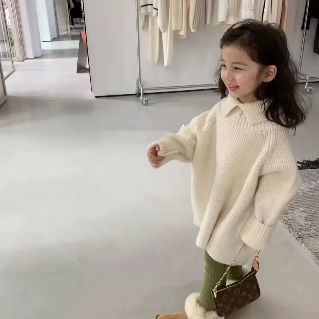 Girls' Long Sweater Winter New Collection Children's Collar Loose Knitted Sweater