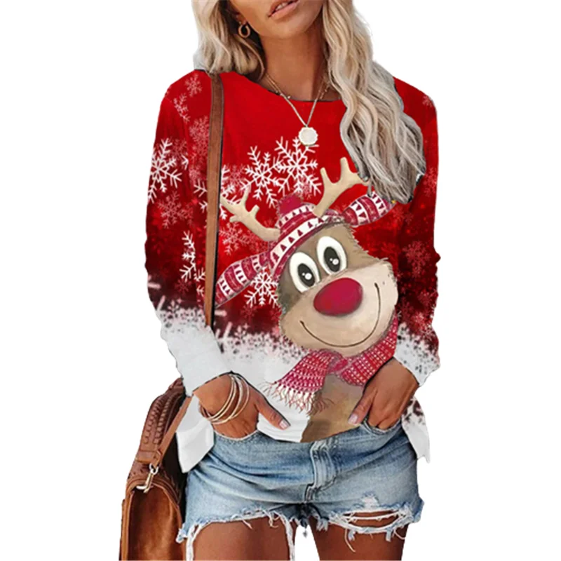 Cartoon Christmas Deer Women Fashion T-Shirts Long Sleeve Autumn Winter Street Hip Hop Pullovers Tops Round-Neck Christmas Tees