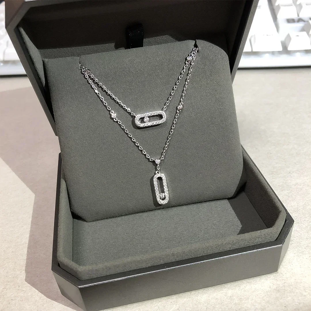 

925 Sterling Silver Women's Diamond Double Layered Necklace. Moving Diamonds. Luxury Jewelry